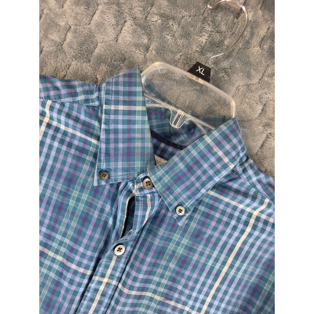 Madison Mens Medium Blue Purple Plaid Cotton Button Down Long Sleeve Shirt